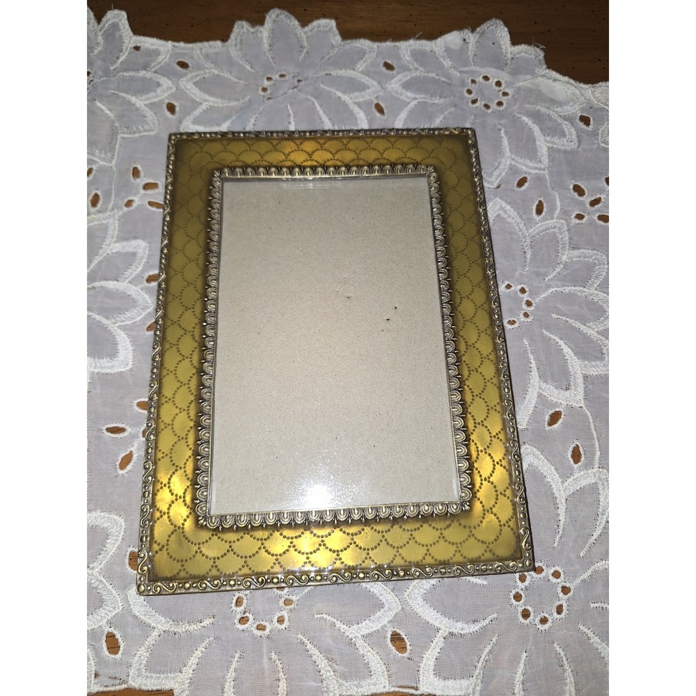 Elsa Gold Tone Guilloche Enamel Picture Frame Yellow Scalloped Pattern Vintage